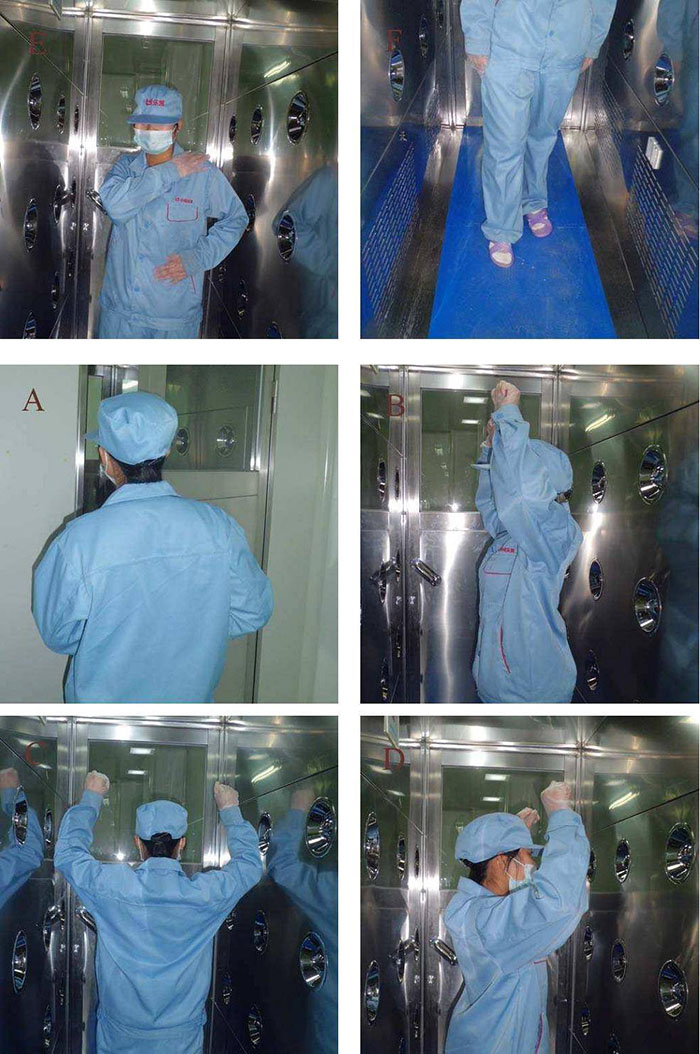 进入风淋室前无尘服应穿着得当，袖口和领口需拉紧，避免衣物内外的尘埃进入。